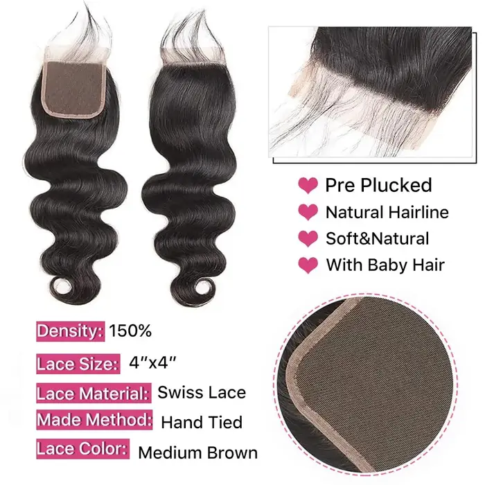 Lot de 3 Bundles de Cheveux Humains Ondulés avec Closure Frontale 100% Cheveux Vierges, 3 Bundles av