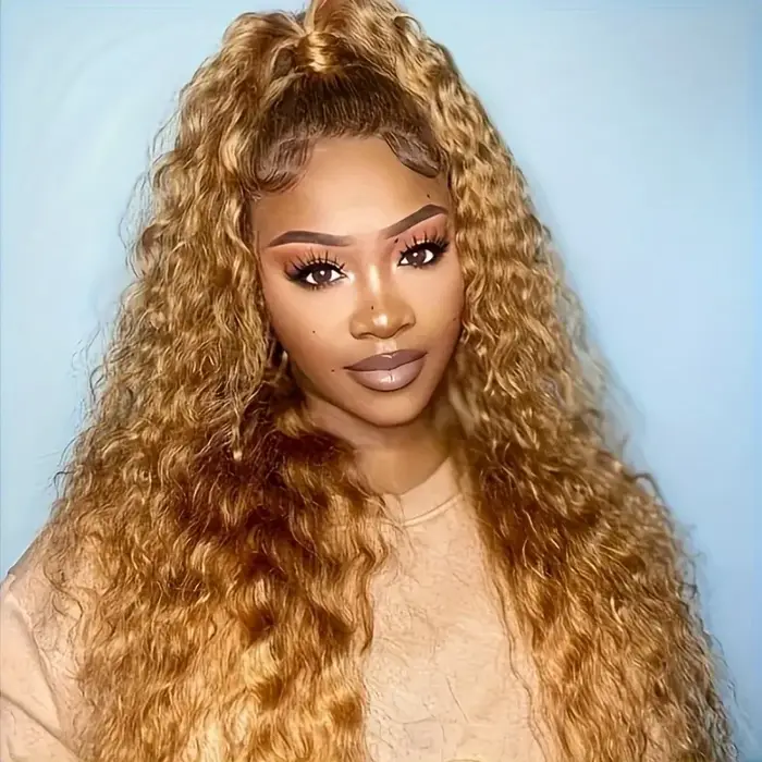 27 # Perruque Cheveux Humains Bouclés Blond Miel 13x6 HD Transparente avec Dentelle Frontale Pré-P