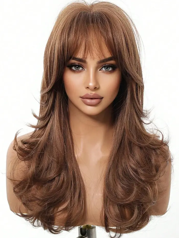 Perruque de cheveux bruns ondulés bouclés de longueur moyenne de 22 pouces