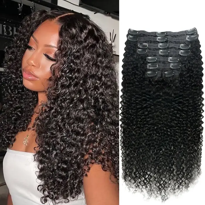 Extensions de cheveux bouclés à clipser pour femmes, cheveux humains vierges brésiliens, 8 pièces, e