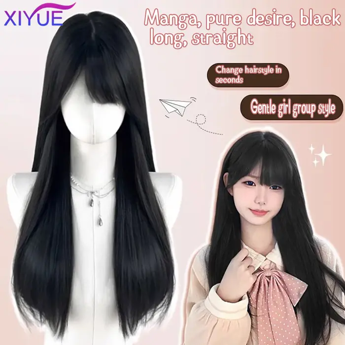 XIYUE – perruques synthétiques longues et lisses avec frange, perruques noires de fête Cosplay Lolit