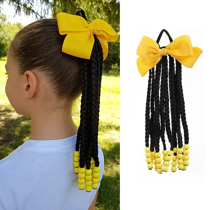Extensions de cheveux tressées pour enfants avec perles et nœuds, queues de cheval tressées pour fil