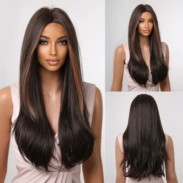 JONRENAU cheveux longs raides avec frange Ombre noir foncé brun à blond perruques synthétiques pour les femmes fête quotidien Cosplay utilisation perruque