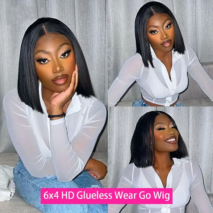 Perruque Bob Lace Closure Wig sans colle naturelle, cheveux courts, pre-à-porter, 13x4 HD, 6x4, tran