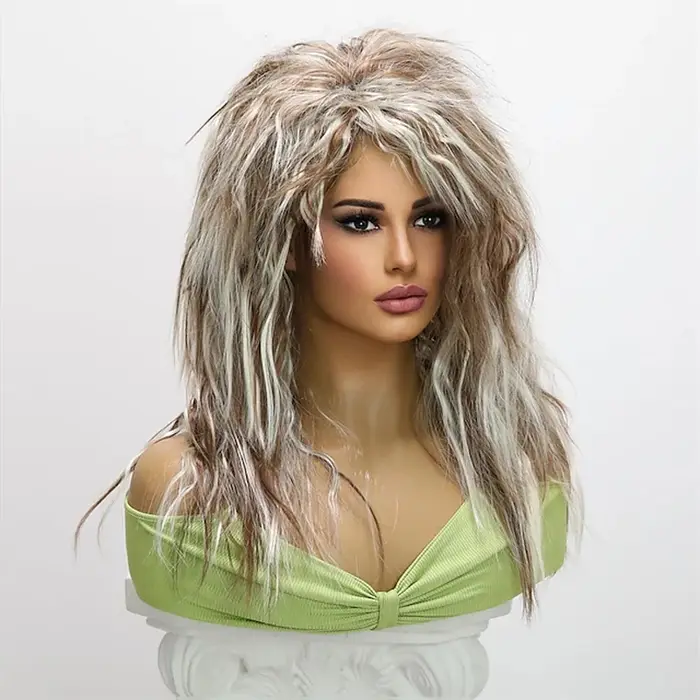 HAIRJOY 24 pouces perruque de cheveux synthétiques pour les femmes 70S 80S longue bouclée marron blanc