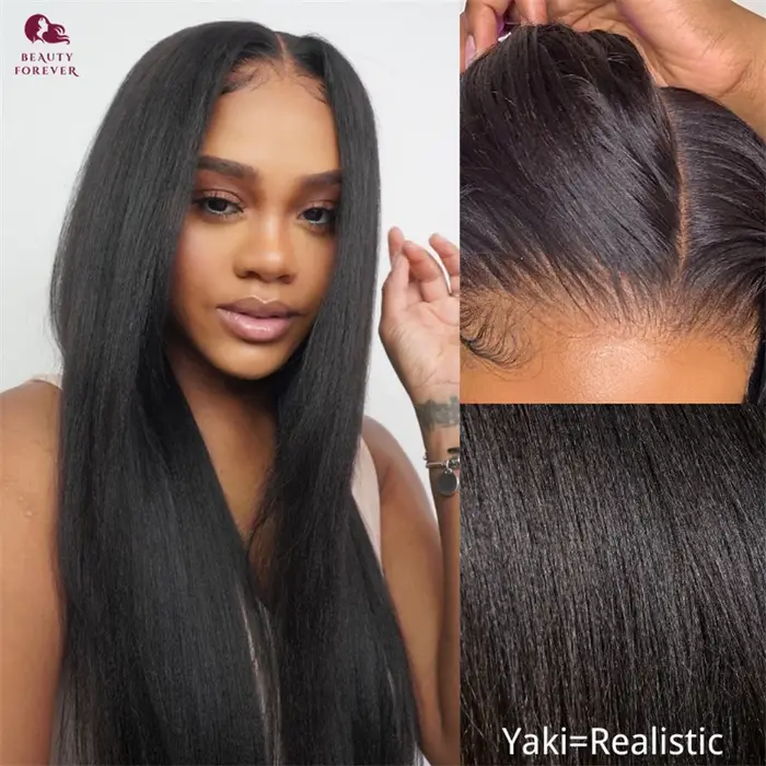 Beautyforever brésilien Yaki droite sans colle perruque de cheveux humains 7x5 Bye Bye noeuds porter