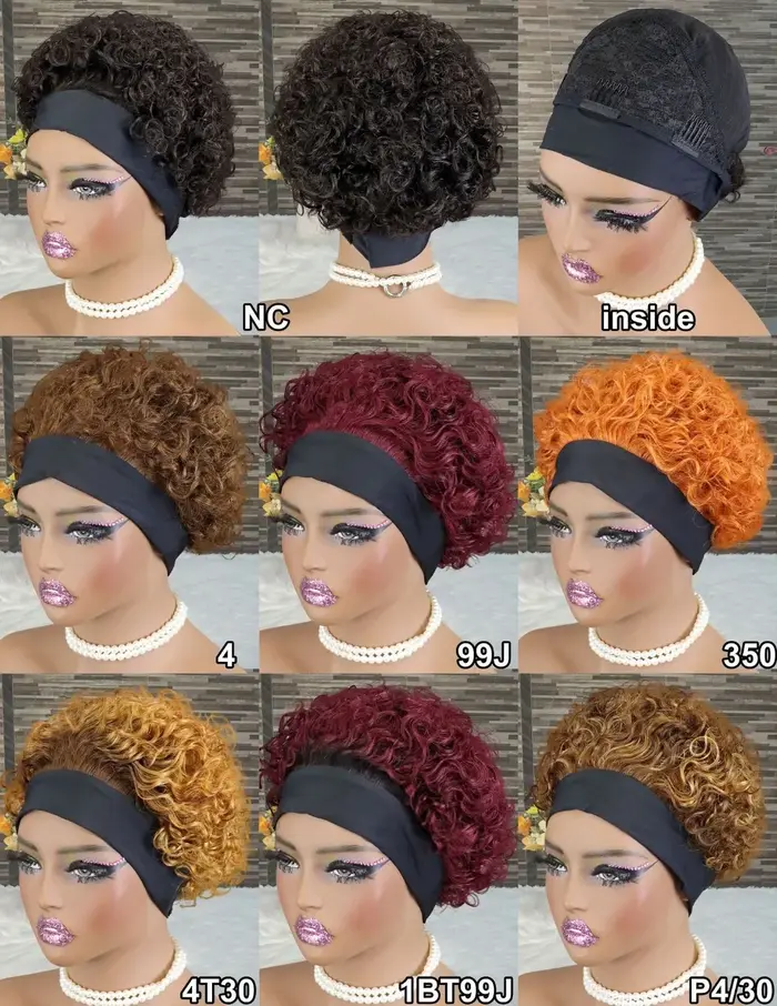 Perruque bouclée coupe lutin avec bandeau de cheveux humains colorés pour femmes