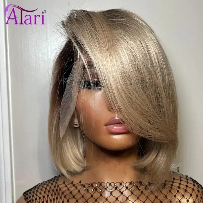 Perruques Bob Courtes en Cheveux Humains Couleur Blond Ombré avec Racines Brunes, Densité 180, Front