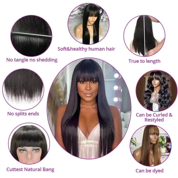 Perruques de cheveux humains droites d'os avec frange pour les femmes noires pleine Machine faite pe