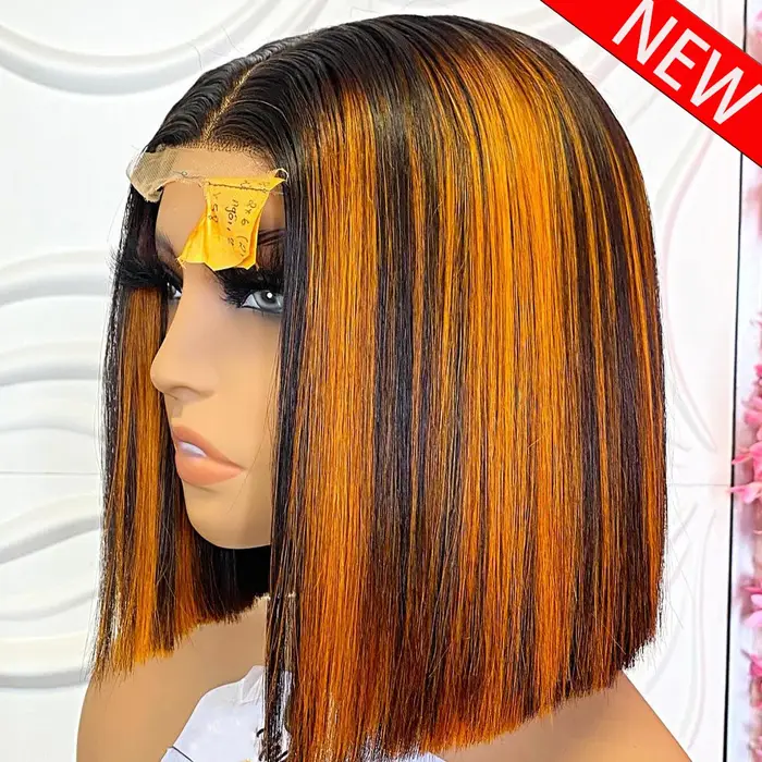 # Perruque Bob 1B/350 Highlight, lisse, 13x4, dentelle HD transparente, perruque frontale en cheveux