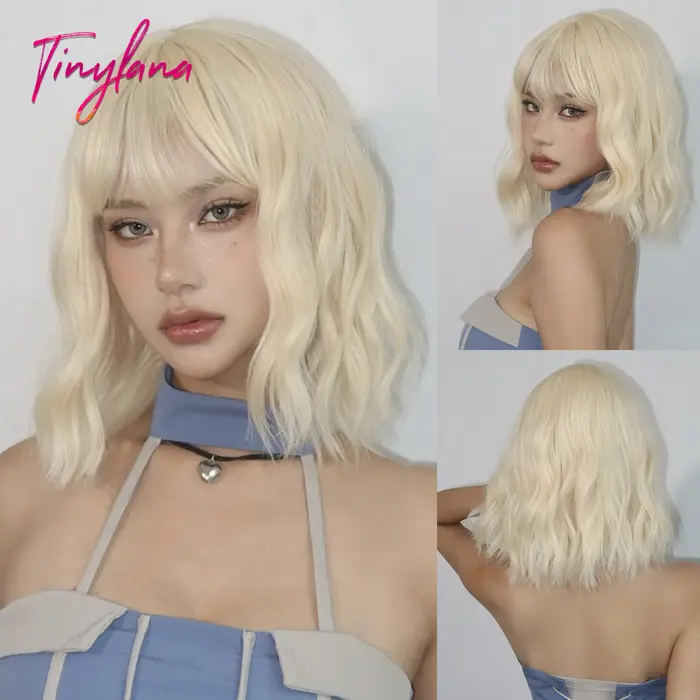 Perruques synthétiques ondulées Bob blondes Beige avec frange, perruques Lolita courtes de Cosplay p