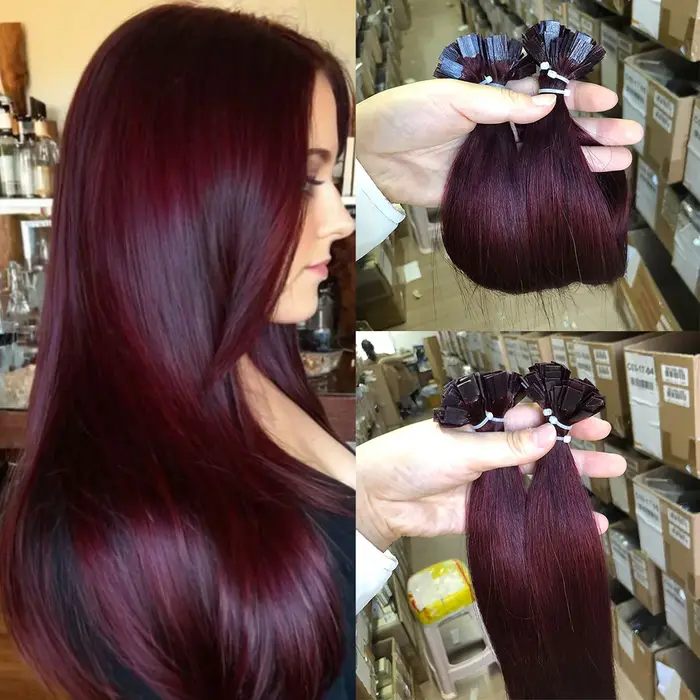 Extensions de cheveux à pointe plate cheveux humains Fushion Remy cheveux 50 pièces bordeaux droite 