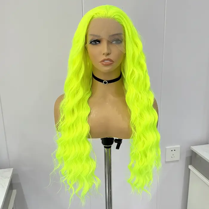Perruque Synthétique Longue Bouclée Vert Néon pour Femme