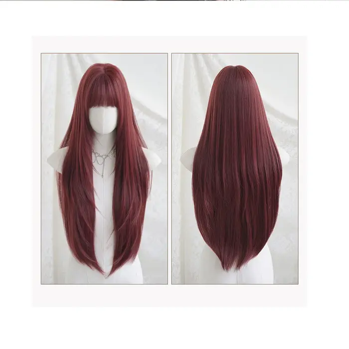 Perruque bordeaux avec frange, longue et droite, à couches, pour femme, usage quotidien, cosplay, perruque Lolita, résistante à la chaleur, avec bandeau intégré, aspect naturel