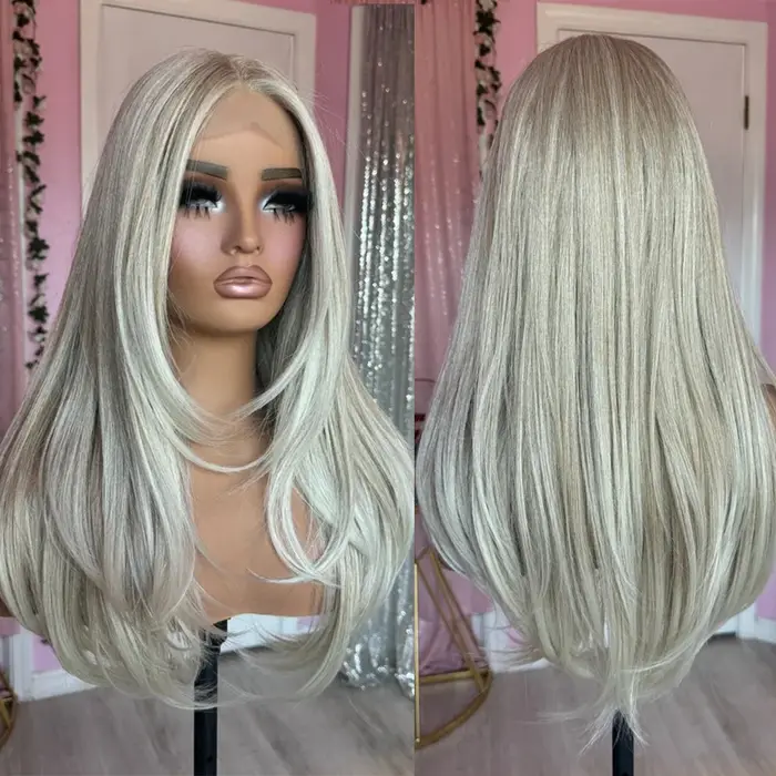 Perruque Balayage Blond Cendré Crémeux, Perruque Lace Front HD Invisible, Fibre Synthétique Premium,