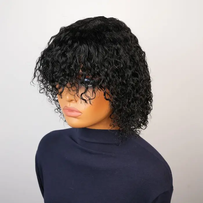 Perruque de cheveux humains crépus bouclés avec frange pour femmes noir 99J bordeaux sans colle cour