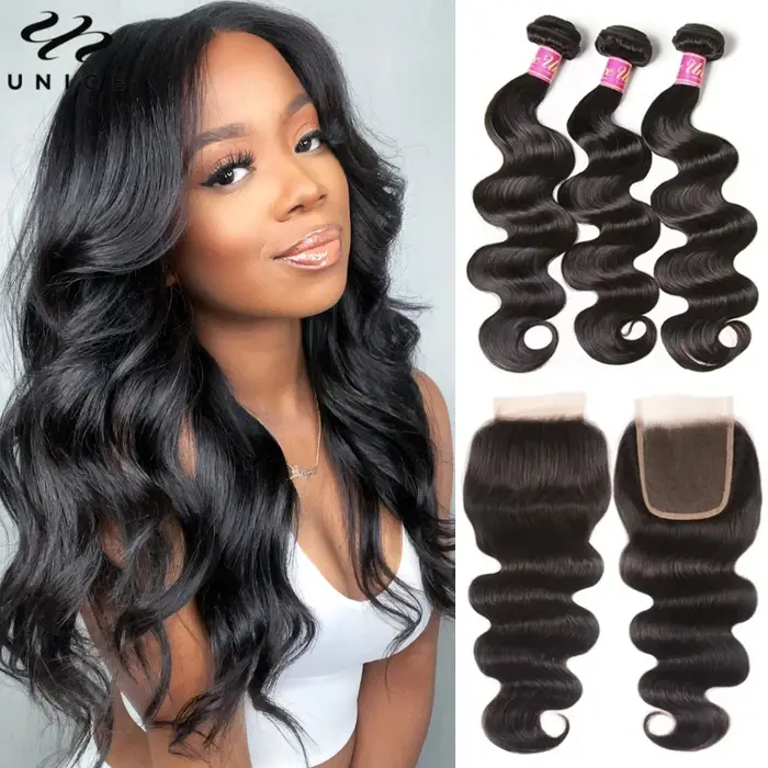 Mèches 100% naturelles Body Wave-UNice Hair, cheveux humains, avec closure, 4x4 pouces, document nat