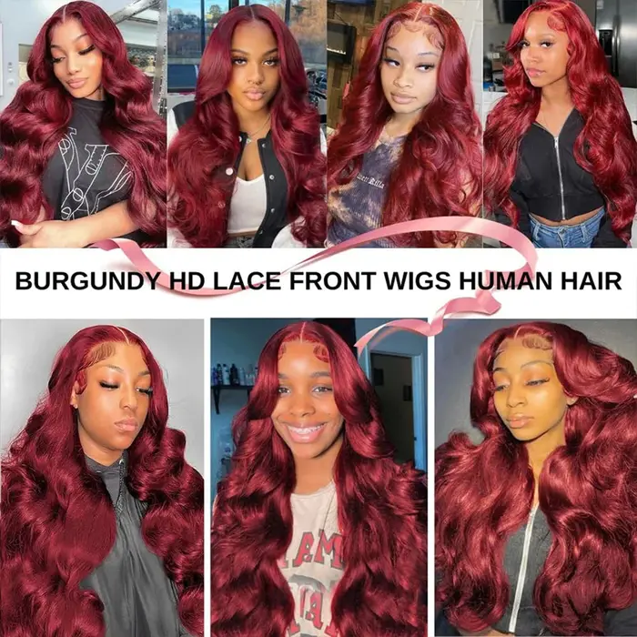 Perruque en cheveux humains ondulés bordeaux 99J, densité 200, avec dentelle frontale HD 13x6, 100% 