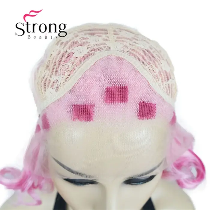 Perruque Lace Front Wig synthétique courte bouclée rose pour femme