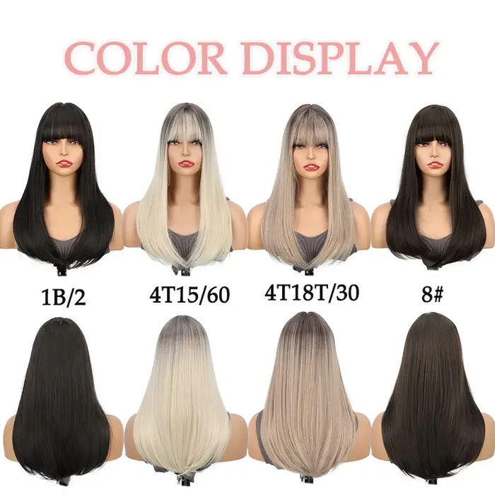 Extensions de cheveux synthétiques à clips avec frange : postiche longue et droite haute température
