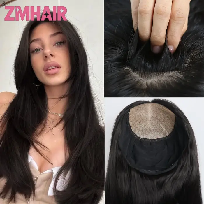 Perruque en cheveux humains vierges européens 6x6 pouces avec base en soie et frange aérienne pour f