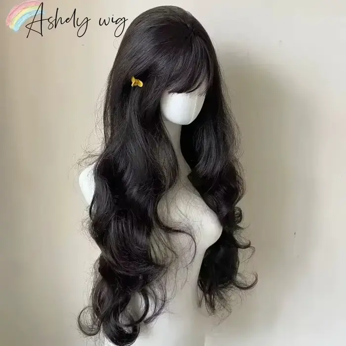 Lolita Black Wig for Women, Long Wavy Hair, Curly Wig with Bangs, Cosplay Sauna Band, Synthetic Wigs