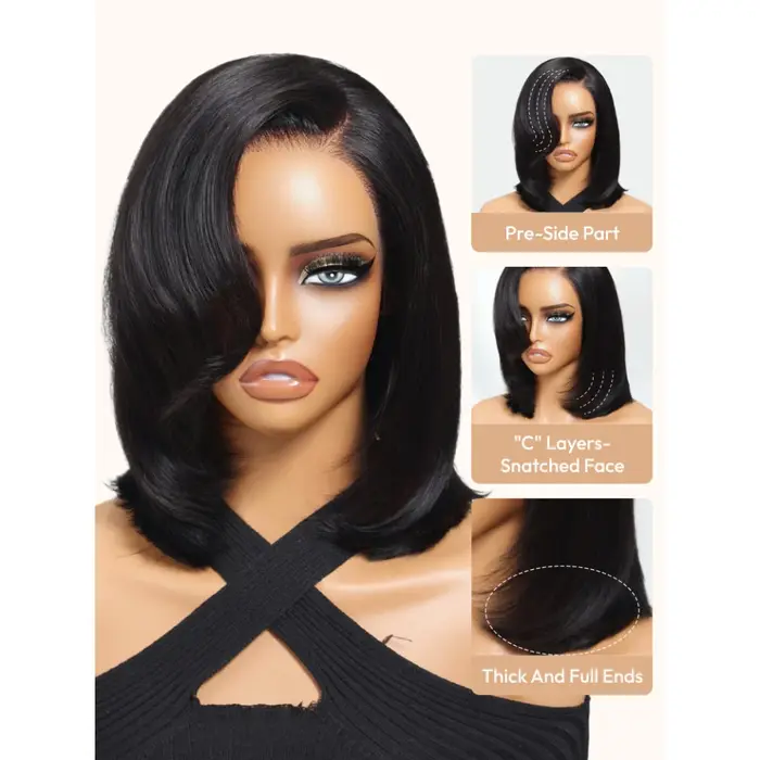 UNice Bye-Bye Knots ™   Perruque Bob à couches avec raie latérale en dentelle 7x5, frange latérale, 
