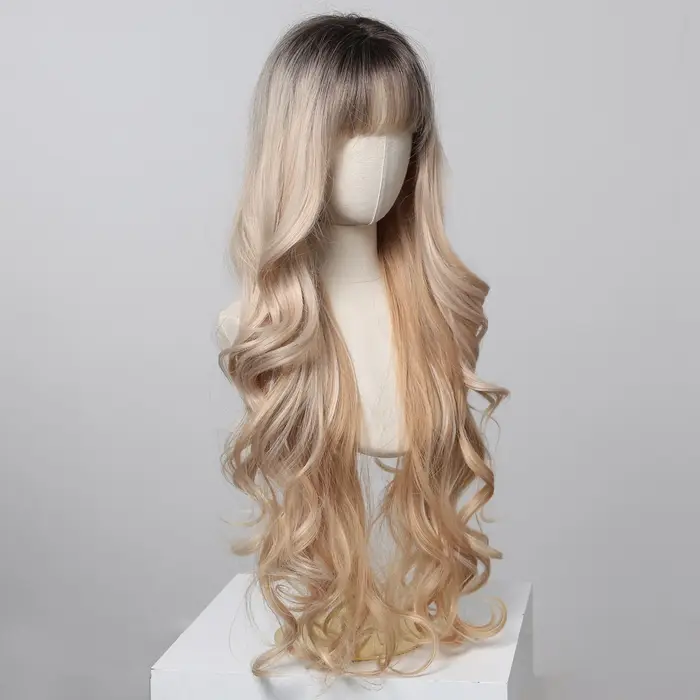 Perruques synthétiques ondulées blondes ombrées avec frange pour femmes
