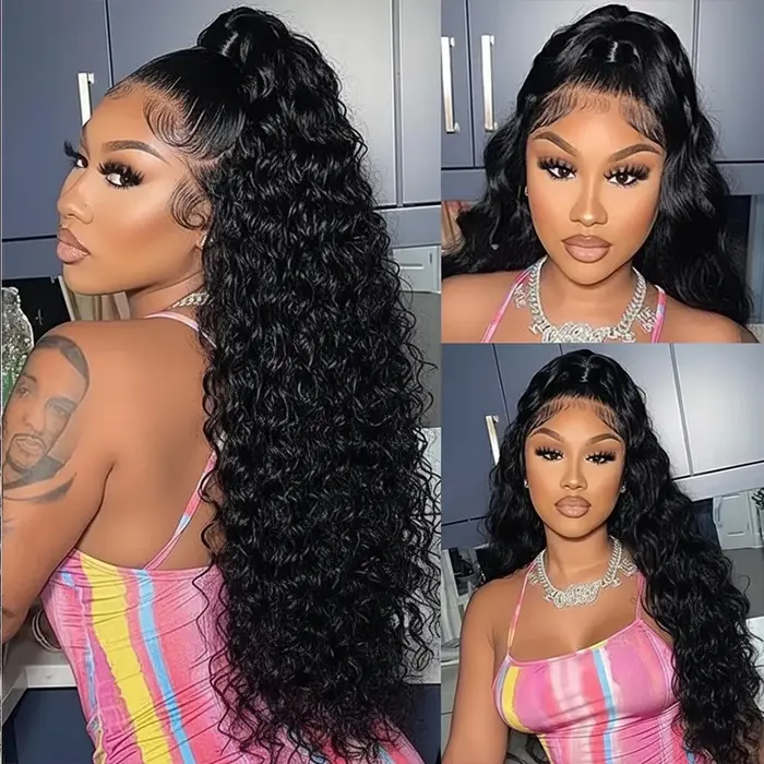 Perruque Lace Frontal Wig 360 HD sans colle, cheveux naturels, Deep Wave, 22 à 30 pouces, pre-plucke