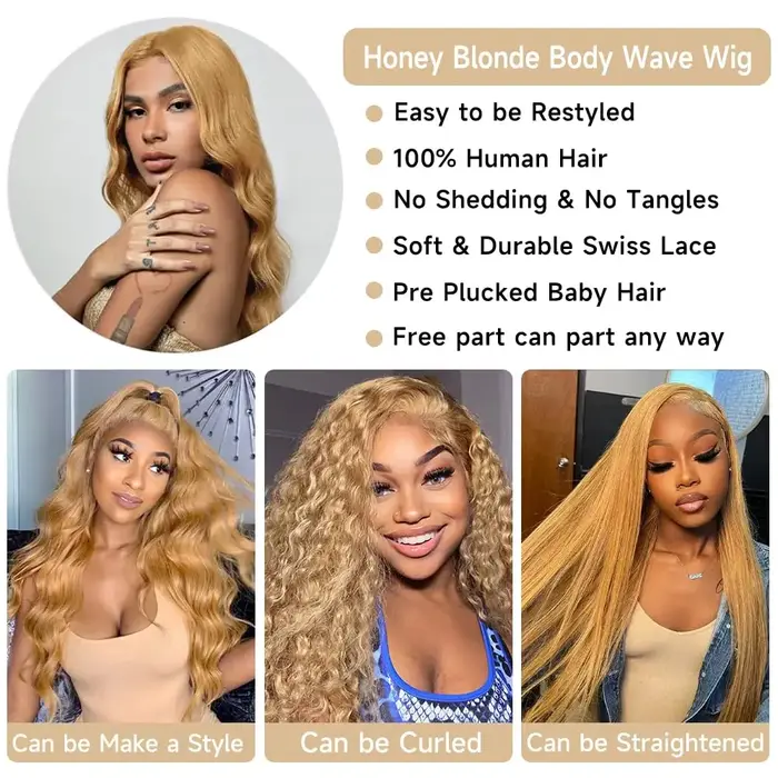 Perruque de cheveux humains avant de dentelle blond miel 13x6 HD 210% densité vague de corps perruqu