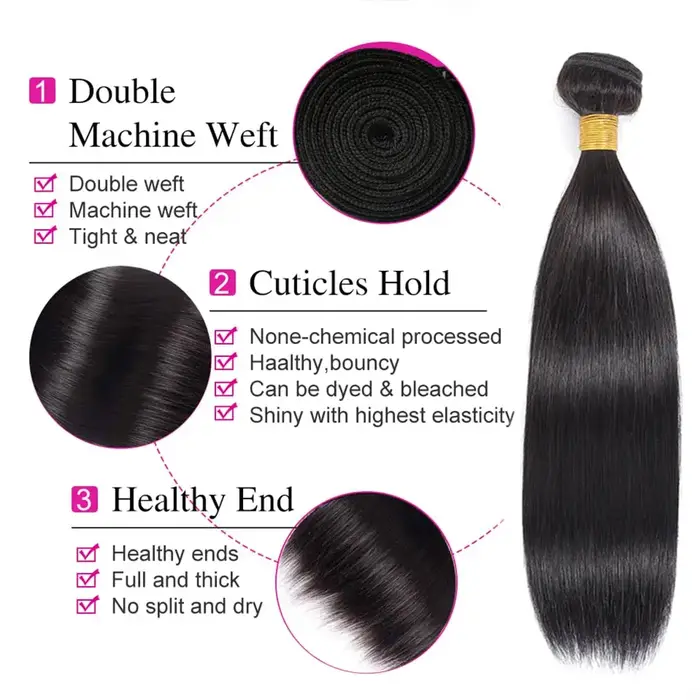 Extensions de cheveux humains brésiliens lisses, 3 mèches avec closure HD 4x4 pré-épilée, couleur no