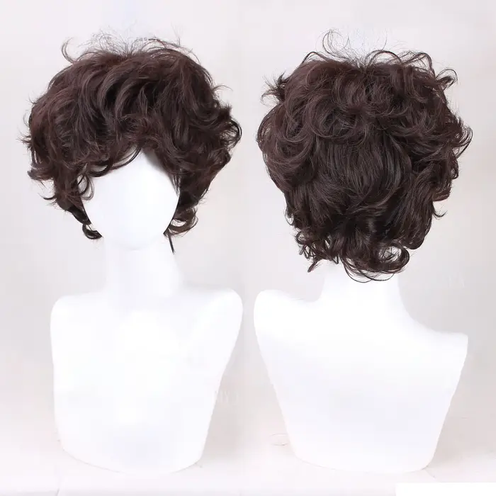 Frodo Baggins Cosplay perruque de haute qualité courte marron bouclés résistant à la chaleur cheveux synthétiques fête