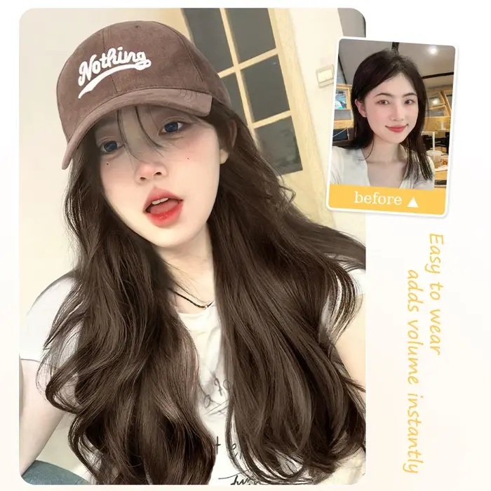 Perruque synthétique ondulée avec casquette de baseball marron et longs cheveux ondulés