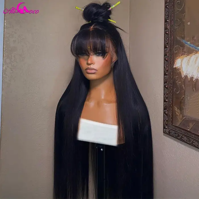 Perruque Lace Frontal Wig naturelle lisse, blond miel, 13x4, 13x6, avec frange, pour femmes, 5x5, po