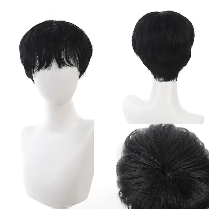 Perruque synthétique courte et lisse noire pour garçons coréens