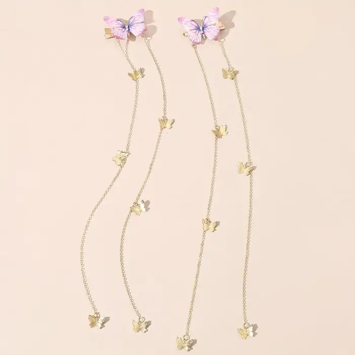 Lot de 2 pinces à cheveux papillon à pampilles, mini pendentifs papillon à longue chaîne dorée, barr