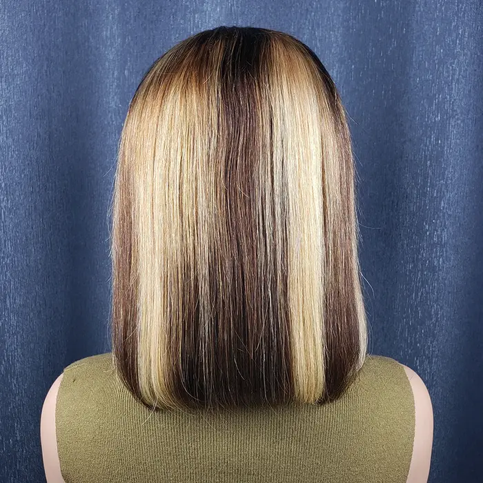 Perruque Bob Lace Front Wig naturelle à reflets blond chocolat, cheveux courts et lisses, coupe Pixi
