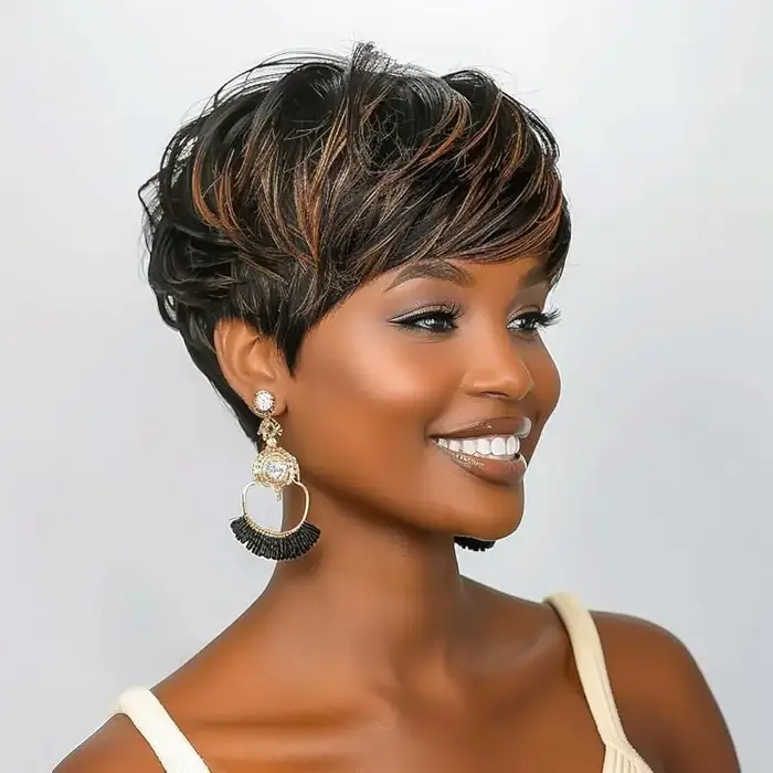 Perruque courte ondulée naturelle noire-brun style pixie avec frange
