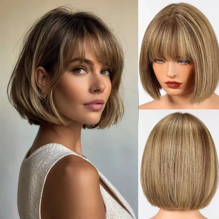 Bob brun mélangé blond Remy cheveux humains pour les femmes naturel droite perruques courtes avec fr