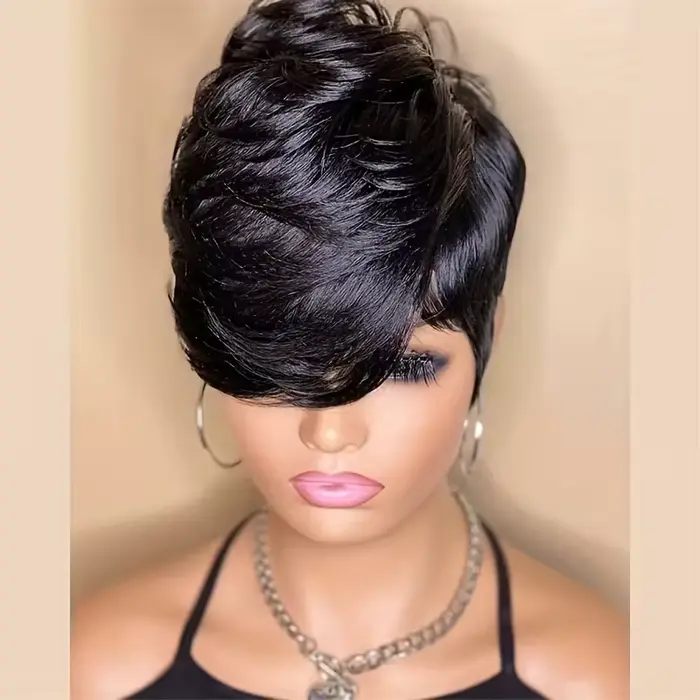 Perruque coupe lutin de cheveux humains sans colle de 6 pouces pour femmes avec longue frange Swoopy - Perruques superposées droites de densité 180%