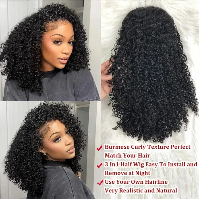 Perruque sans colle 250% en cheveux humains, afro bouclés crépus, avec bandeau, mise à niveau 3 en 1