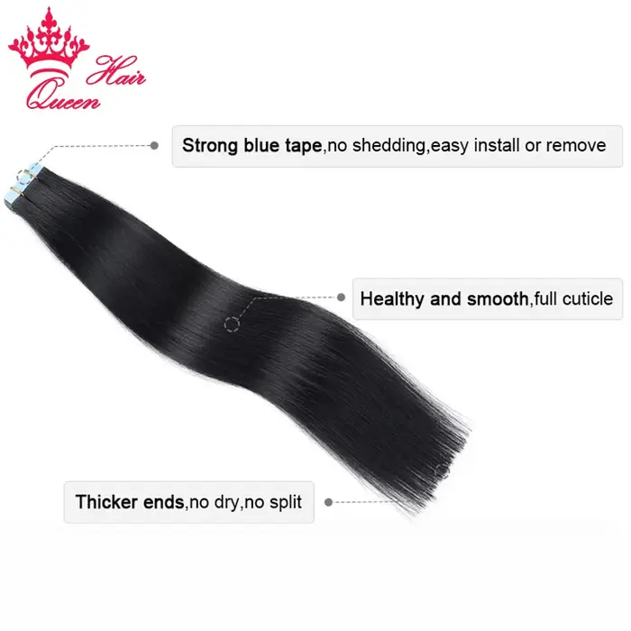 Queen Hair Official PU Tape In Hair Skin Weft Hand Tied PU Adhesives Raw Human Hair Extensions Invis