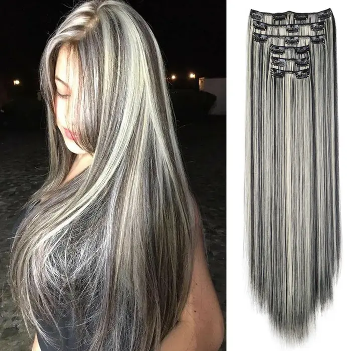 Extensions de cheveux noirs 24 pouces/60 cm, 6 pièces/ensemble, longues et droites, synthétiques, po