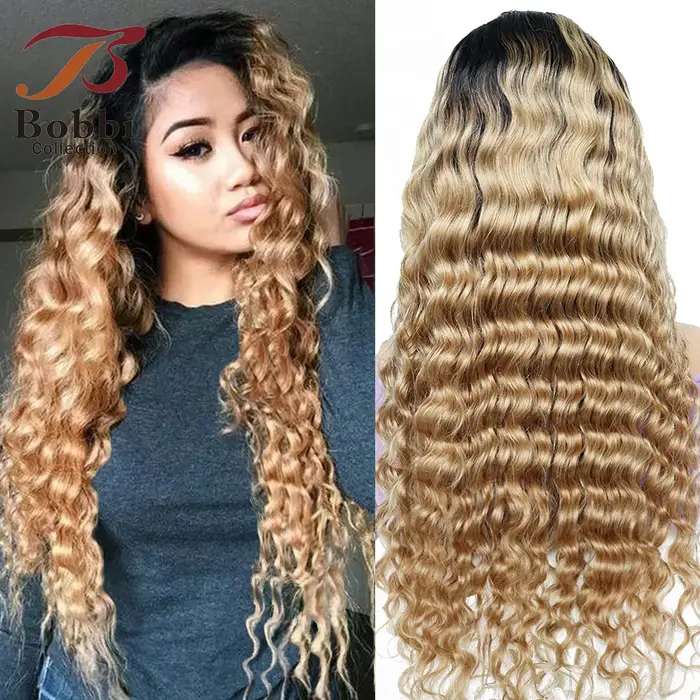 Perruque Lace Front 100% Cheveux Humains pour Femmes, Ondulations Profondes Souples, Ombré Blond Mie