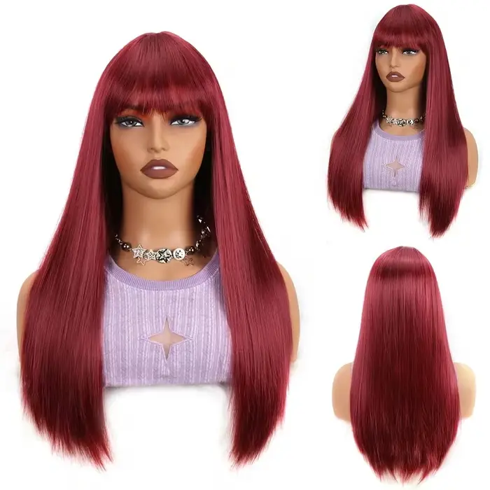 Perruque synthétique couleur vin rouge pour cheveux raides
