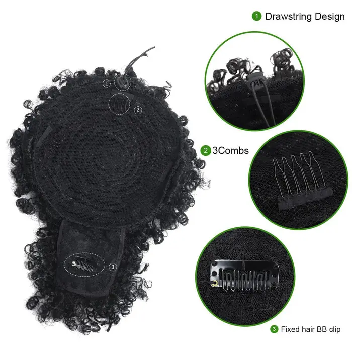 Afro Puff Kinky Curly Hair, Updo Ponytail Extension with Bangs Proximity Wstring Ponytail for Women,