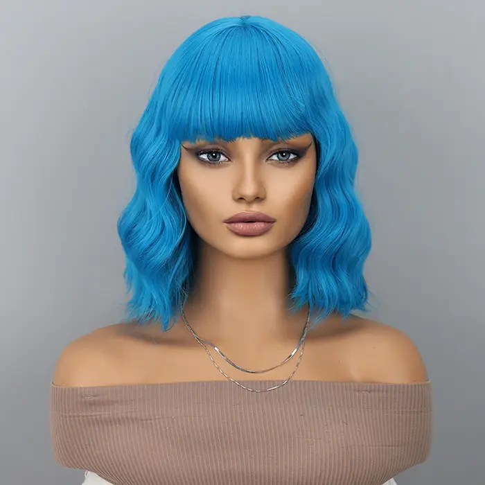 Perruques courtes bleues avec frange pour femmes, perruque synthétique ondulée et colorée pour cospl