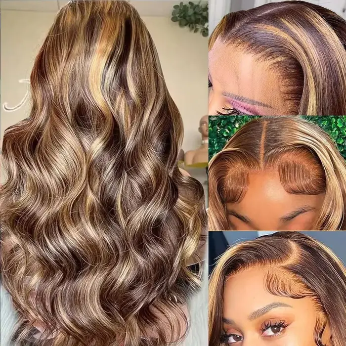 Perruque en cheveux humains avec dentelle frontale HD 13x6, densité 200%, couleur 427 avec mèches, 4