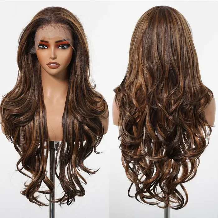 Perruque Lace Frontal Wig synthétique Afro Body Wave à reflets bruns et blonds, perruque Lace Fronta