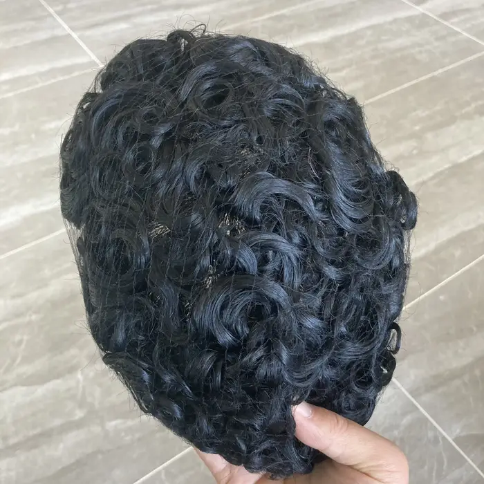 20MM bouclés mâle prothèse Super Durable pleine peau mince PU Injection toupet 100% perruques de cheveux humains système